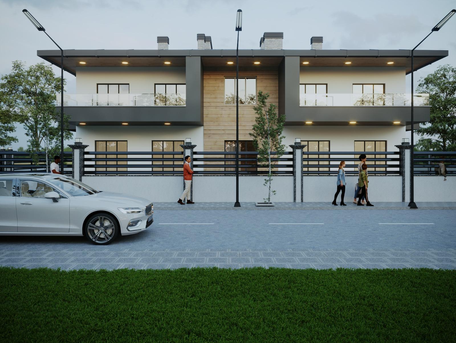 Street elevation, two homes as one composition